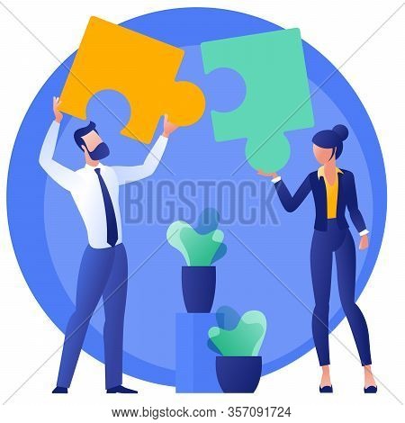 Flat Design Business Teamwork Concept. Team Solution Metaphor. Young Buciness People Solving Puzzle,