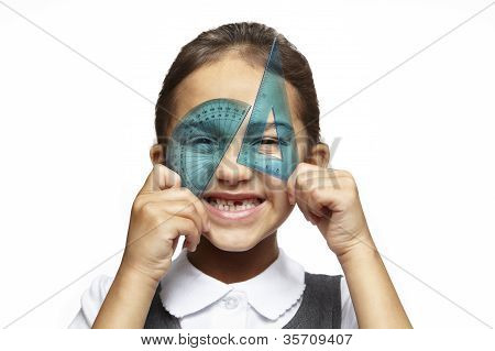 School Girl With Blue Set Square And Protractor