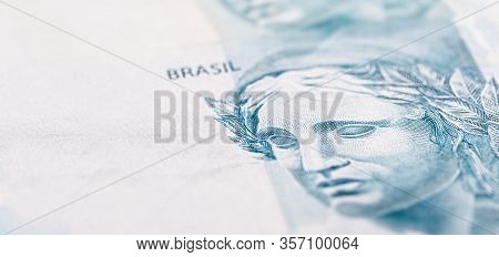 Details Of 100 Reais Banknote From Brazil, With Selective Focus, Background Image For Monetary Conce