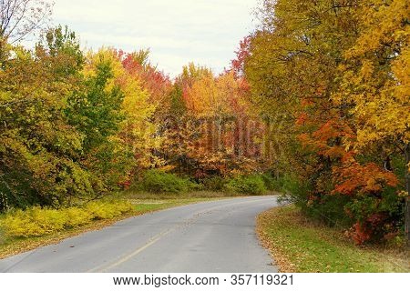 Striking Fall Foliage On The Road Near Wellesley Island State Park, New York,u.s.a