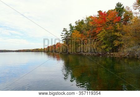 Stunning Colors Of Fall Foliage By St Lawrence River Near Wellesley Island State Park, New York, U.s