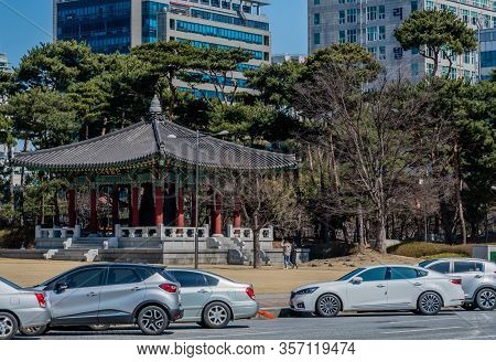 Daejeon, South Korea; March 16, 2020: Ceremonial Bell In Oriental Pavilion In City Park Located In D