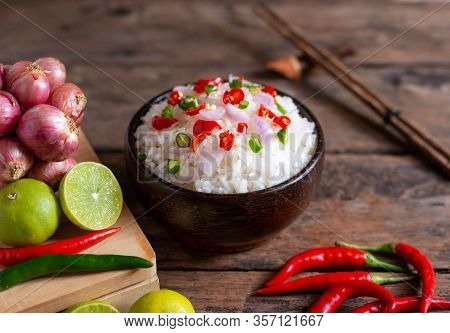 Brow Rice Spicy Asian Food With Vegetable And Chopstic On Wooden Background