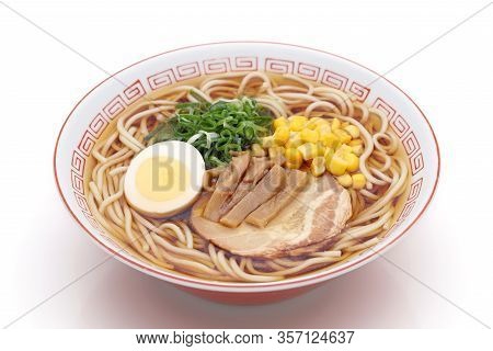 Japanese Soy Sauce Ramen Noodles In A Bowl On White Background