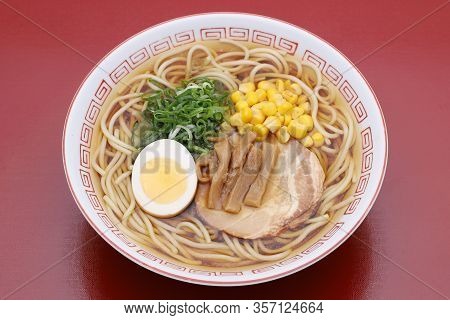 Japanese Soy Sauce Ramen Noodles In A Bowl On Table