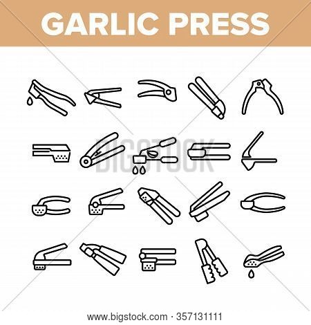 Garlic Press Utensil Collection Icons Set Vector. Garlic Press Kitchenware Equipment, Stainless Kitc