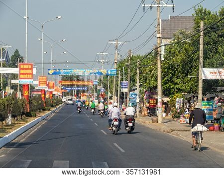 Long Xuyen, Vietnam - February 4, 2016: Morning Traffic On The Main Road