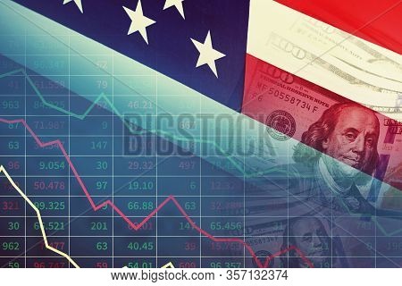 Economic And Financial Crisis Concept. Stock Market Graphs And Usd Dollar Against Ameican Flag On Th