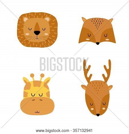 Set Of Cute Hand Drawn Slleping Animals - Lion, Fox, Giraffe And Deer. Cartoon Zoo. Vector Illustrat
