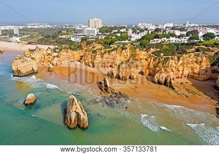 Aerial from Praia Tres Irmaos in Alvor the Algarve Portugal