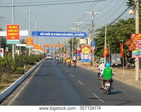 Long Xuyen, Vietnam - February 4, 2016: Morning Traffic On The Main Road