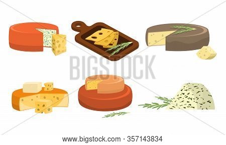 Set Of Different Types Of Fresh Pieces Of Cheese. Vector Illustration In Flat Cartoon Style.