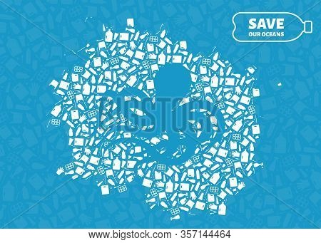 Stop Ocean Plastic Pollution Concept Vector Illustration. Octopus Marine Mollusc Silhouette Cut In P