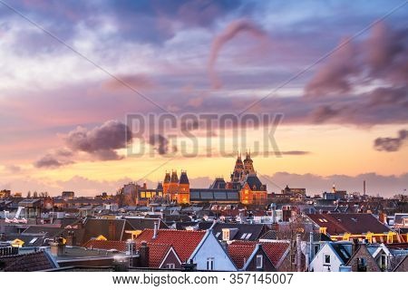 Amsterdam; Netherlands view of the cityscape from De Pijp at dusk.