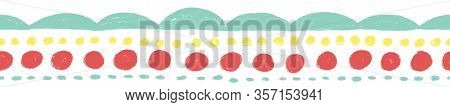 Seamless Border Abstract Doodle Shapes. Repeating Childish Pattern With Wonky Lines, Dots, Arcs In T