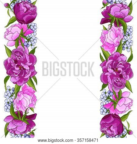 Frame With Pink Pionies, Leaves, Buds. Flower Frame. Floral Motif Border. Idea For Event Invitation,