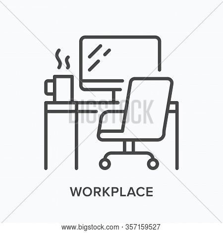 Workplace Line Icon. Table, Computer Monitor, Chair And Coffee Mug Vector Illustration. Workspace In