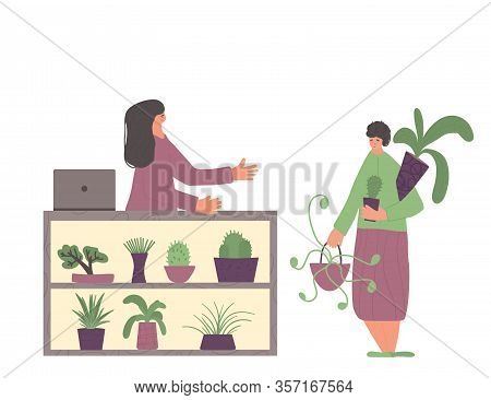 Indoor Plants Shop. Sale Of Potted House Plants. Seller Houseplants With Her Client. Small Business 