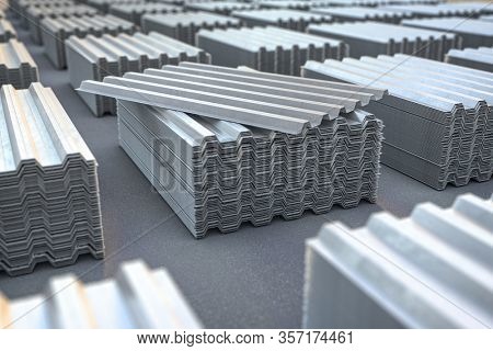 Stacks of metal corrugated sheets, steel zinc or galvanized wave shaped profile  sheets for roof construction. 3d illustration