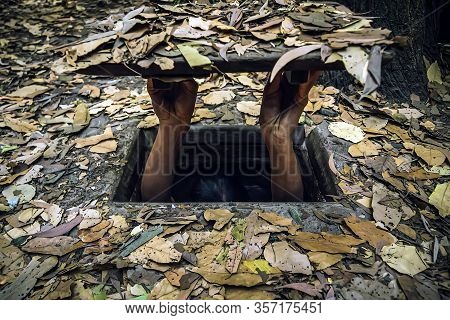 Concept Of Self-isolation From Viruses And Diseases. Hopper From Obbedience. Man Hides In A Hole. Vi