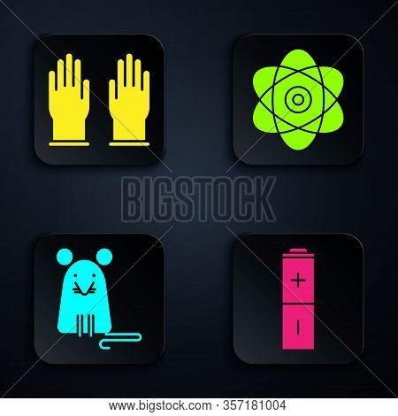 Set Battery, Rubber Gloves, Rat And Atom. Black Square Button. Vector