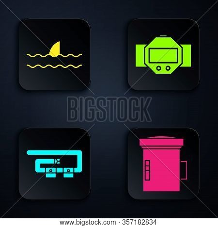 Set Big Flashlight For Diver, Shark Fin In Ocean Wave, Diving Belt And Diving Watch. Black Square Bu
