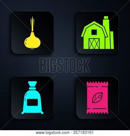 Set A Pack Full Of Seeds Of A Specific Plant, Onion, Bag Of Flour And Farm House Concept. Black Squa