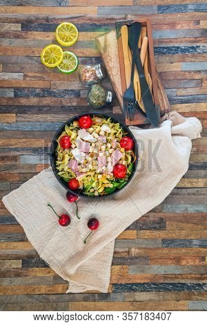 cereal specialties cooked with salad, roasted chicken aiguillette cured with salted and bacon