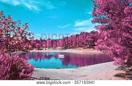 Infrared Landscape Of Beletsi Lake Near To Parnes Mountain Greece