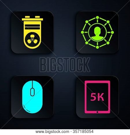 Set Tablet With Text 5k, Video Graphic Card, Computer Mouse And Project Team Base. Black Square Butt