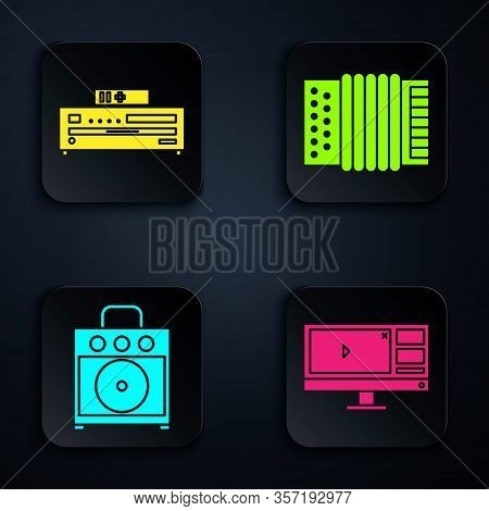 Set Video Recorder Or Editor Software On Monitor, Music Cd Player, Guitar Amplifier And Musical Inst