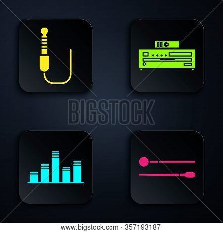 Set Drum Sticks, Audio Jack, Music Equalizer And Music Cd Player. Black Square Button. Vector