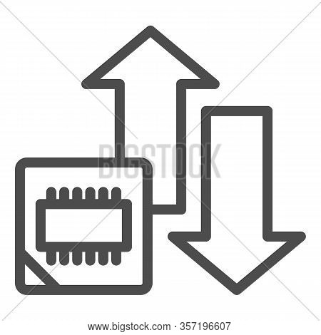 Microchip And Arrows Line Icon. Processor Bus Data Peak Throughput Symbol, Outline Style Pictogram O