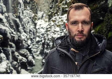 Tourist in Bordalsgjelet gorge in Voss, Norway.