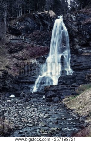 Steindalsfossen waterfall in evening, Norway