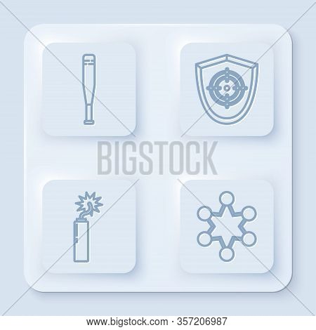 Set Line Baseball Bat, Target Sport, Dynamite Bomb Stick Clock And Police Badge. White Square Button