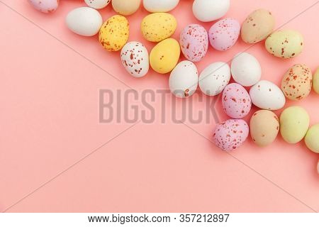Happy Easter Concept. Preparation For Holiday. Easter Candy Chocolate Eggs And Jellybean Sweets Isol