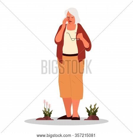 Tired Old Woman With A Headache. Eldery Person With Painfull Head.