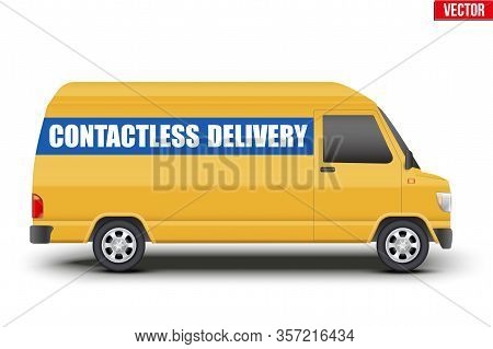 Contactless Delivery Curier Transport. Yellow Van With Contactless Delivery Tag. Vector Illustration