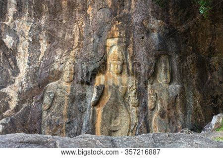 Buduruwagala, Ancient Buddhist Temple In Sri Lanka. The Complex Consists Of Seven Statues.