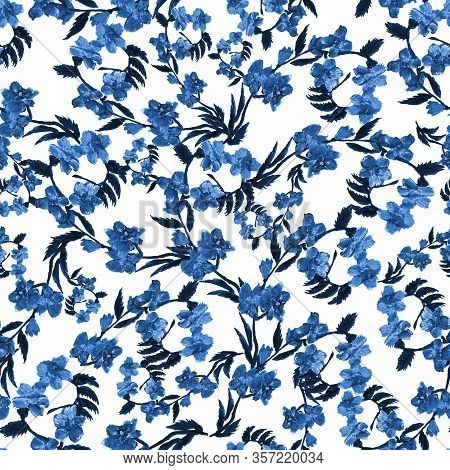 Seamless Pattern Wild Blue Flower And Green Leaves On White Background. Watercolor Floral Illustrati