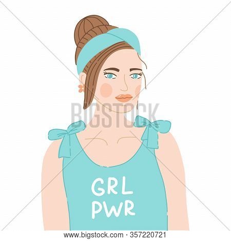 A Beautiful Girl In A Blouse With The Inscription Grl Pwd. A Feminist Concept. Flat Vector Portrait 