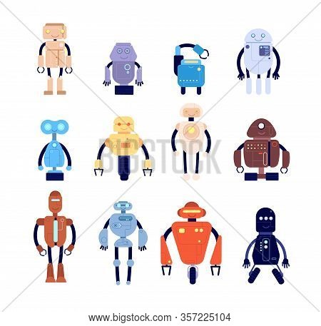 Robot Characters. Cute Fiction Mechanical Toy. Isolated Technology Androids For Kids. Children Vinta