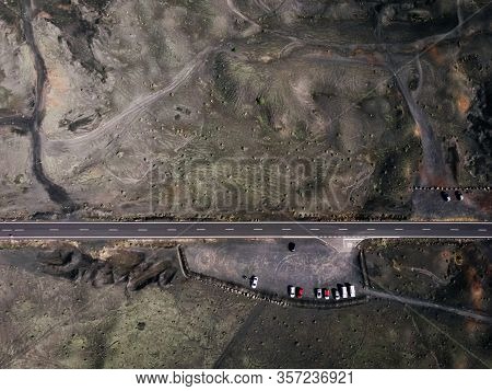 Top Down Aerial View Of A Desert Volcanic Soil Surface On The Island Of Lanzarote, Canary.