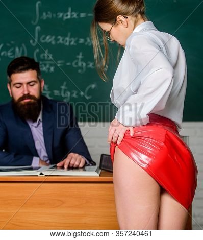 Sexy Seduction. Sexy Student. University High School. Sexy Butt Red Latex Skirt In Front Of Teacher.