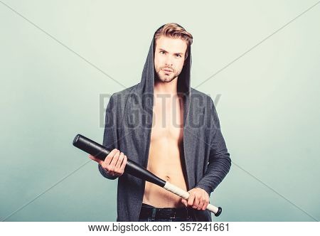 Sport Equipment. Sportsman Strong Macho Looks Threatening With Bat. Bully Mood. Bad Boy Concept. Man