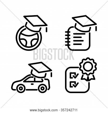 Driving School, Auto Education Line Icons Set. Black Online Car Study Simple Elements Isolated On Wh