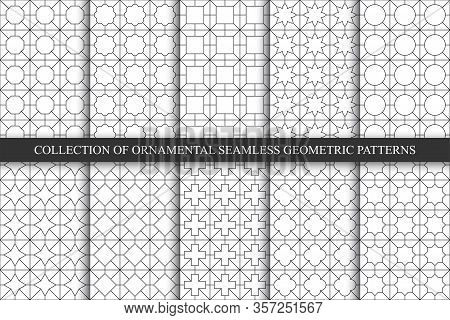 Collection Of Seamless Ornamental Geometric Minimalistic Patterns. White Simple Oriental Grid Repata
