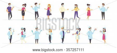 Doctors And Patients Wearing Medical Masks To Prevent Any Diseases And Viruses. People Characters In