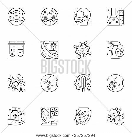 Virology Diagnosis And Treatment Thin Line Icons Set. Cough, Fever And Runny Nose Symptoms Of Sickne